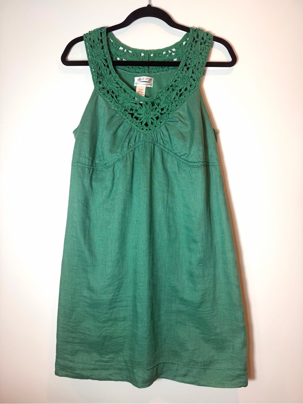 M.S.S.P. 100% Linen Green Crochet Neck Sleeveless Dress